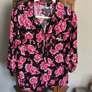Emily Daniels Black Button-Down Shirt with Pink Floral Print and Sparkle Accents